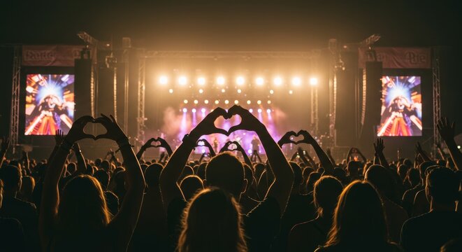 Energetic crowd silhouettes making heart shapes at summer music fest under stage lights