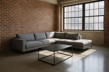 Industrial loft apartment interior with exposed brick walls minimalist furniture and large factory windows urban living design