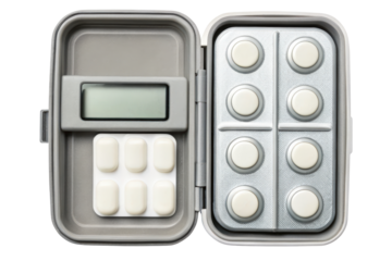 Smart pill box organizer with digital timer and medications isolated with transparent background