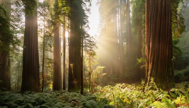 misty morning forest with tall redwood trees sunlight filtering through the canopy creating golden beams realism soft greens and golds peaceful mood