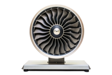 Model of a modern jet engine turbine with metallic blades isolated with transparent background