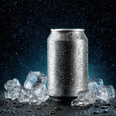 Refreshing Silver Can with Water Droplets and Ice Cubes on Dark Background