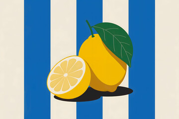 Minimalist Illustration of Two Lemons with Leaf on Bold Blue and White Vertical Striped Background