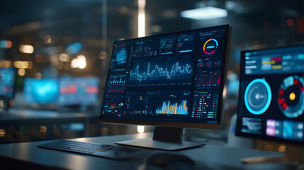 Modern computer screens displaying complex data and futuristic interfaces in a dark room
