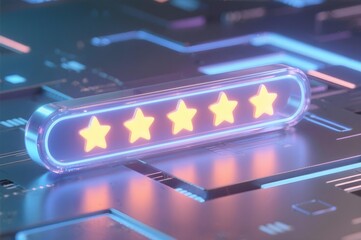 Neon Five-Star Rating: Futuristic Tech Review Concept, Abstract Background