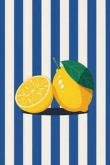Minimalist Illustration of Two Lemons with Leaf on Bold Blue and White Vertical Striped Background