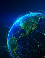 Fototapeta premium A vibrant illustration of the Earth, showcasing global connectivity and illuminated city lights.
