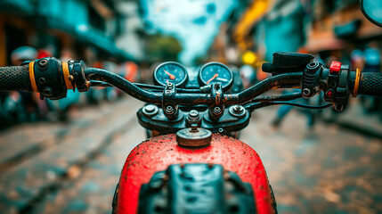 Closeup view from vintage motorcycle handlebars on a wet urban street with blurred background