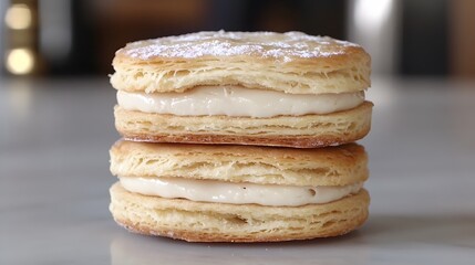Delicious Puff Pastry Cream Sandwiches, Sweet Treats, Bakery Delights, Golden Brown Pastry, Creamy Filling, Closeup Photography