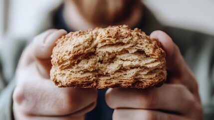 Closeup of Hands Holding Delicious Golden Brown Buttery Biscuit