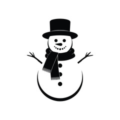 A monochrome illustration of a snowman with a top hat and scarf in a simple vector style design