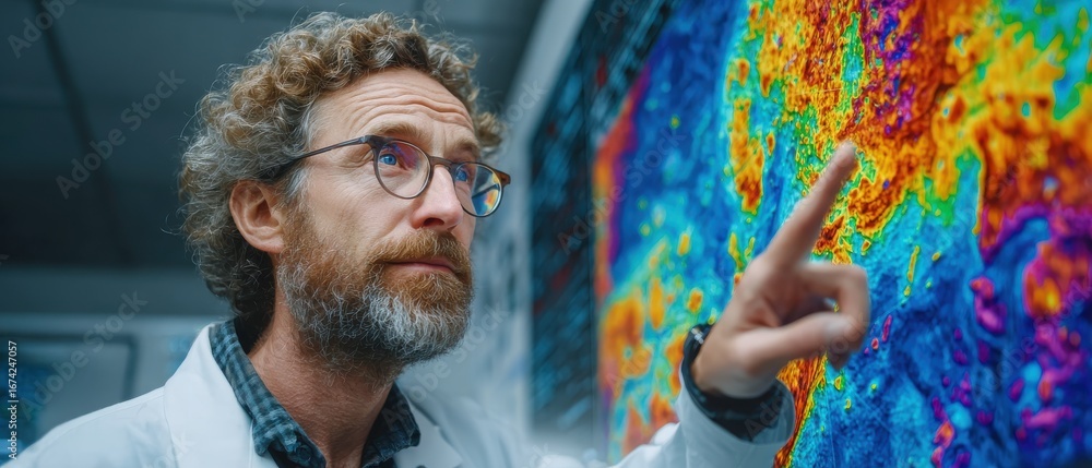 Aufkleber Scientist Pointing at Large Screen Displaying Ocean Temperature Changes