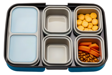Open bento lunch box with healthy snacks in compartments isolated with transparent background
