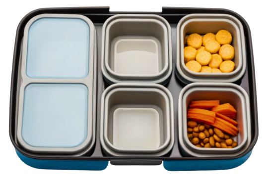 Open bento lunch box with healthy snacks in compartments isolated with transparent background