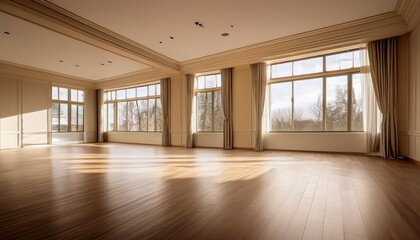 Obraz premium spacious empty room with large windows high ceilings with beans natural lighting and beige tones