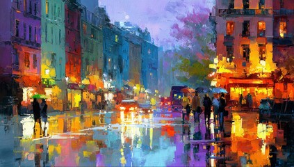 A vibrant, impressionistic painting of a Parisian street scene at night, filled with reflections and light