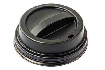 Black plastic disposable coffee cup lid with a sipping spout isolated with transparent background