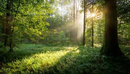 Obraz premium sunlight filtering through lush green forest illuminating a clearing
