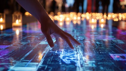 Interactive floor display.  Hand touches digital map