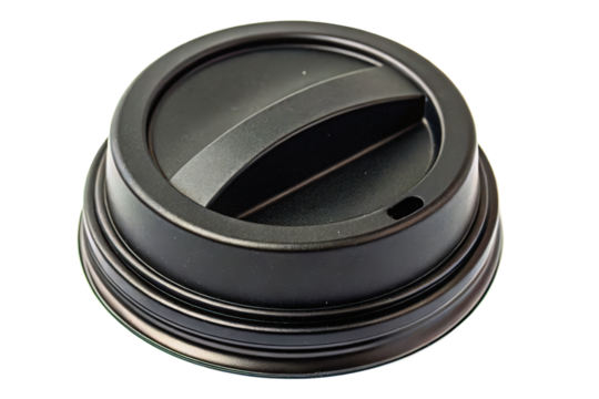 Black plastic disposable coffee cup lid with a sipping spout isolated with transparent background