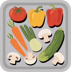Vector Illustration of Roasted Vegetables on Baking Tray – Tomato, Bell Pepper, Carrot, Zucchini, Mushroom