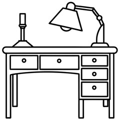 Modern Desk Vector Outline with Lamp and Drawer