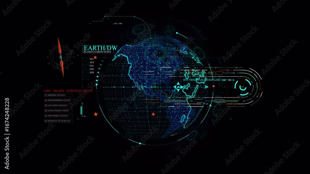 Poster futuristic digital globe with data transfer and hud elements, global network visualization
