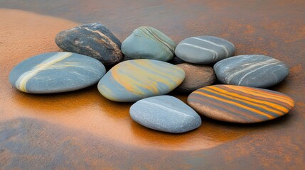 Striped Stones Arrangement on Rusty Surface, Colorful Pebbles Zen Garden Still Life