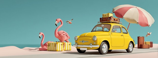 The scene captures a cheerful yellow car parked on a sandy beach with luggage, flamingos, and a beach umbrella.