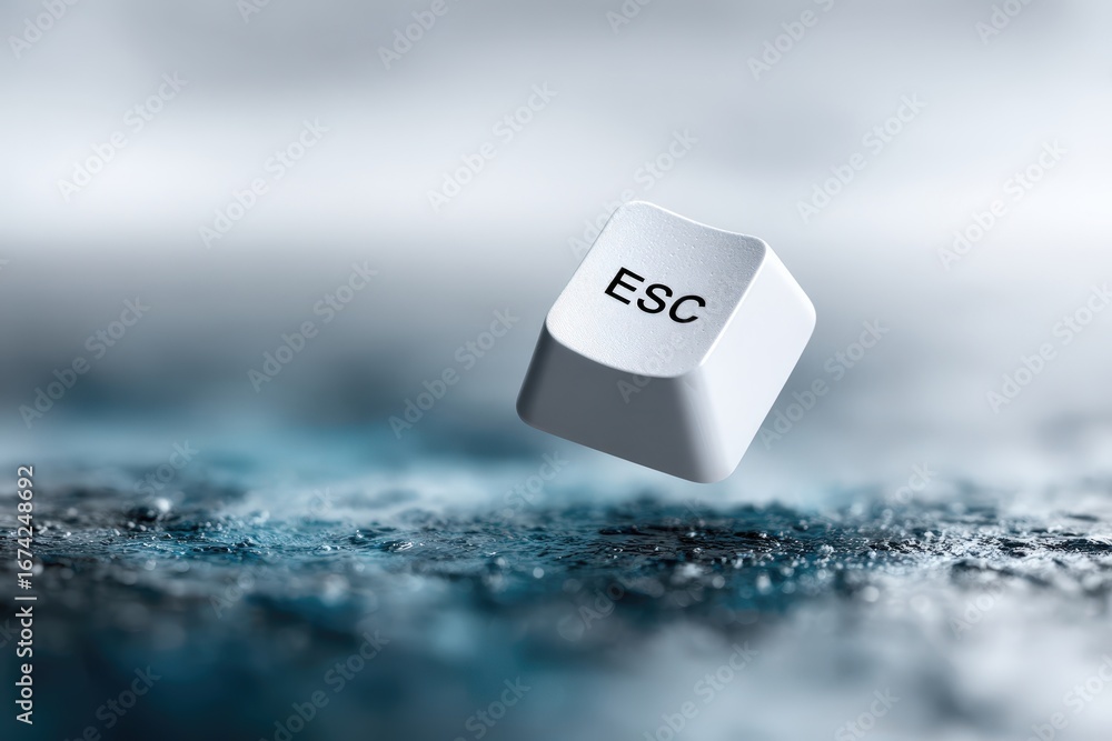 Poster escape key hovering above a blue abstract background with textured surface