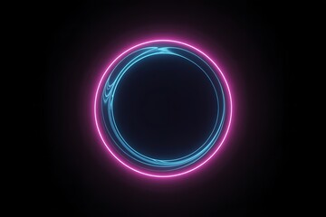 Abstract glowing ring with swirling pink and blue neon light patterns on a black background circle