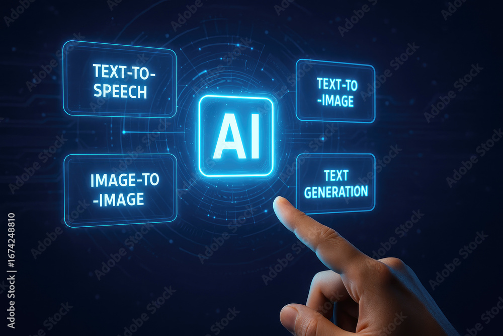Poster ai functions displayed as glowing icons on a digital interface with a human finger touching one arti