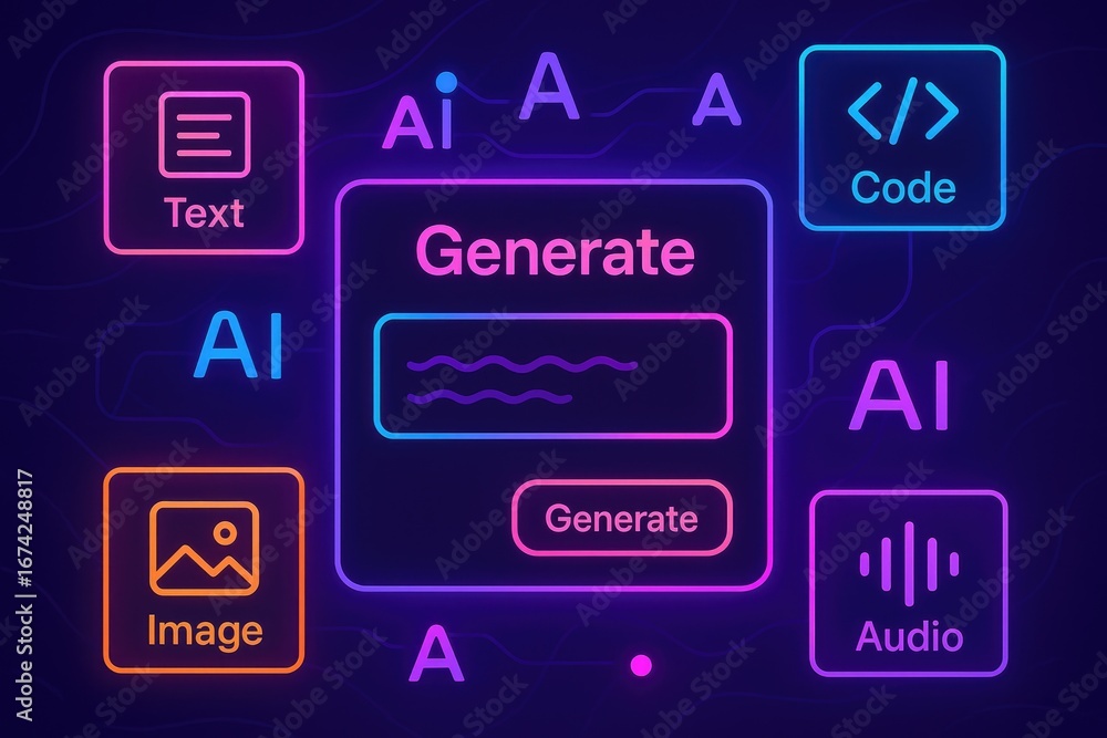 Poster ai content generation interface with icons for text image audio and code on a dark background artifi