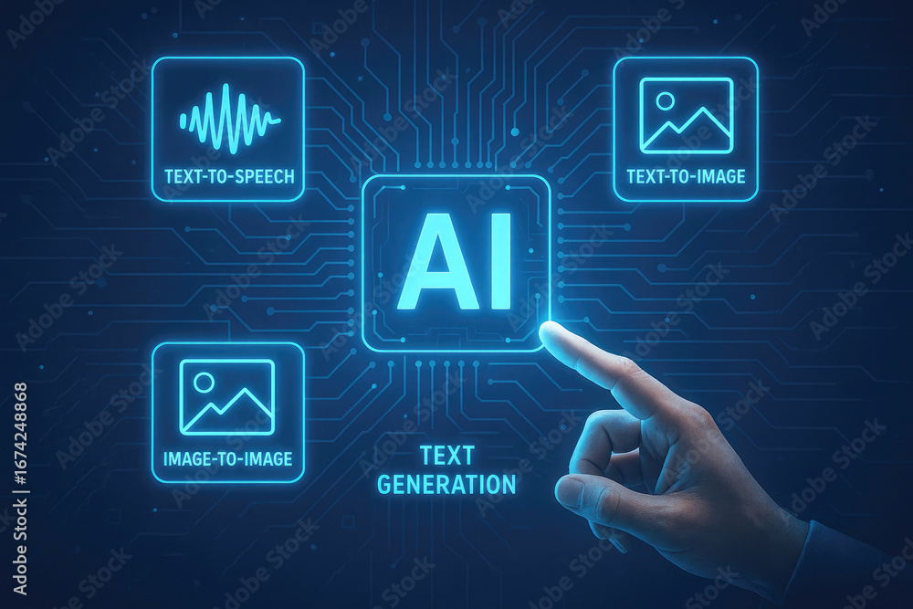Poster ai technology interface with human finger interacting with text to speech and image generation icons