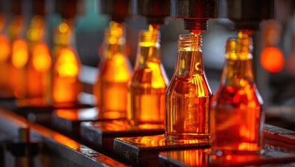 Glass bottles being processed on a factory production line