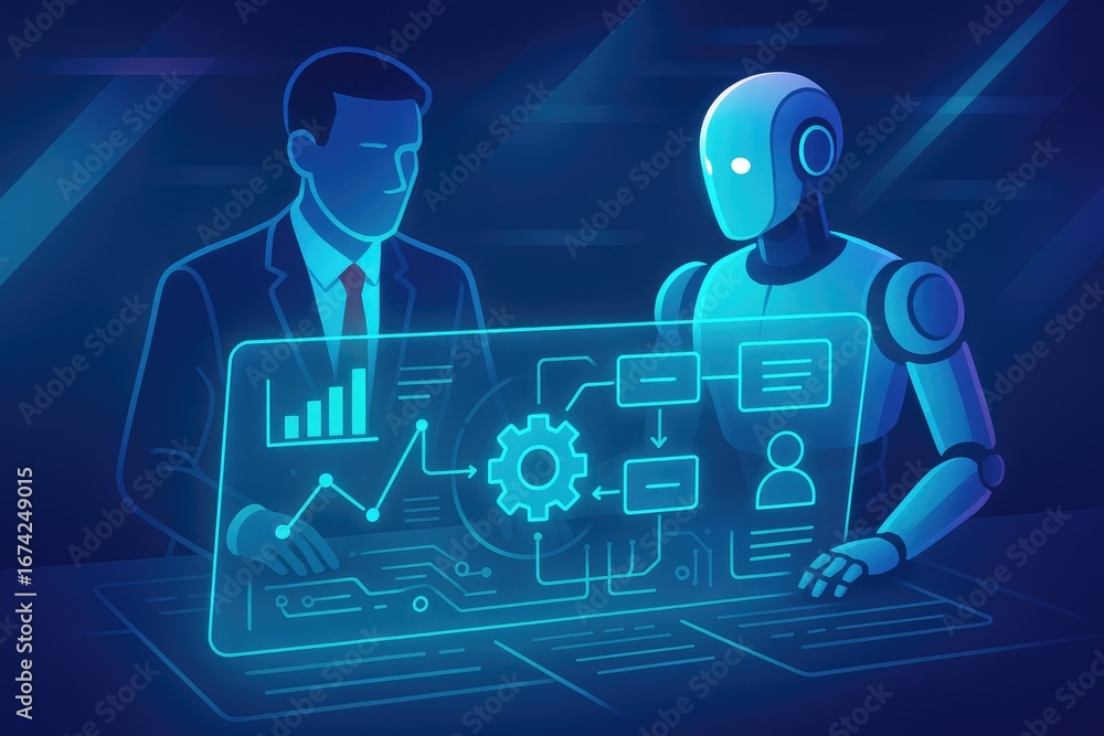 Poster businessman and robot reviewing digital workflow on holographic interface artificial intelligence co