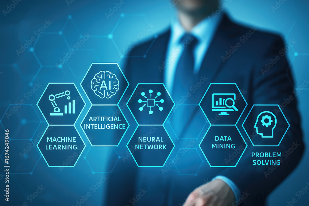 Poster businessman interacting with a digital interface showcasing ai and data mining concepts artificial i