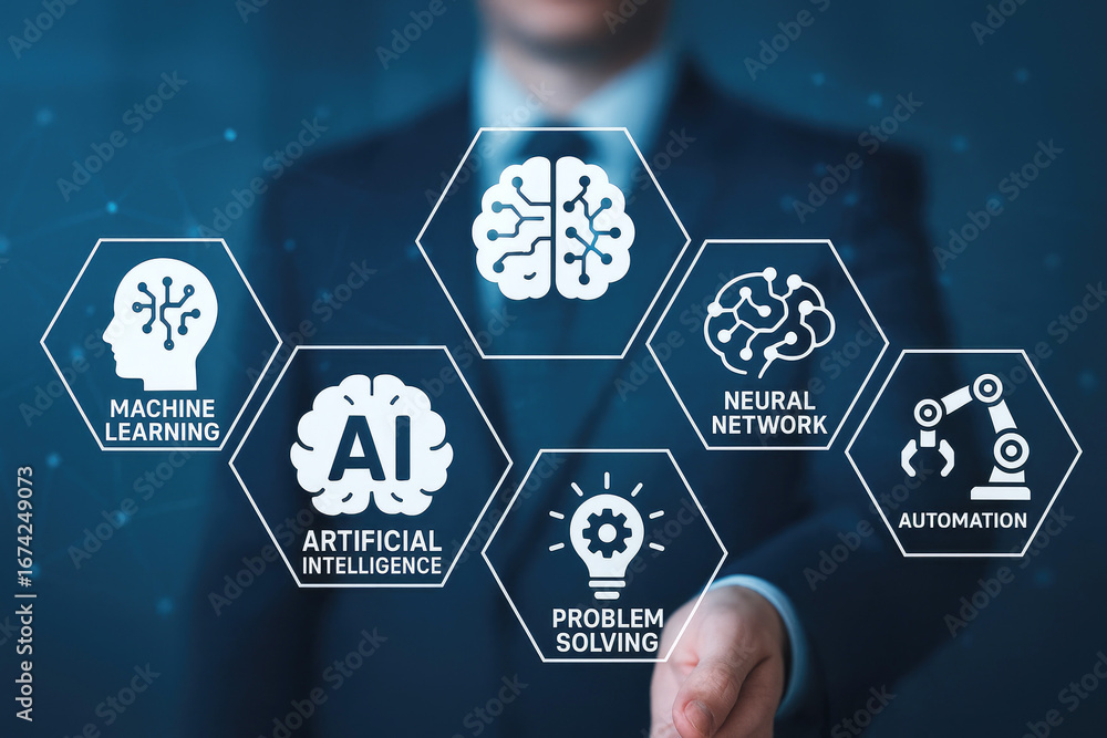 Poster businessman presenting artificial intelligence and machine learning concepts with icons neural netwo