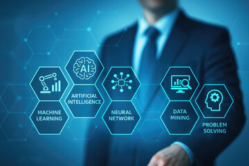 Businessman interacting with a digital interface showcasing AI and data mining concepts artificial intelligence