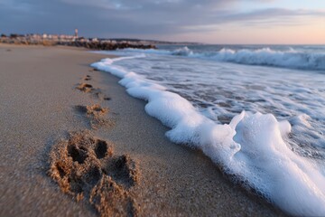 Footsteps in the sand near ocean waves at sunset on a quiet beach