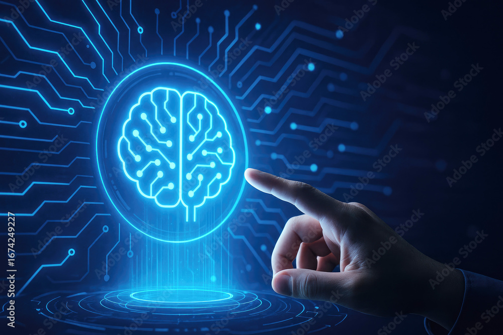 Poster close-up of a finger interacting with a glowing ai brain interface on a digital network artificial i