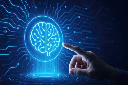 Close-up of a finger interacting with a glowing AI brain interface on a digital network artificial intelligence
