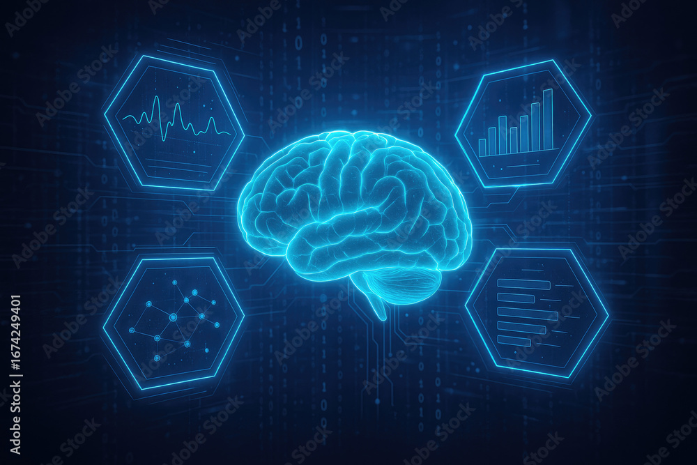 Poster digital brain surrounded by hexagonal data analysis infographics technology artificial intelligence
