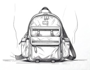 Detailed line drawing of a multi-pocket backpack, showcasing intricate design elements and textures.