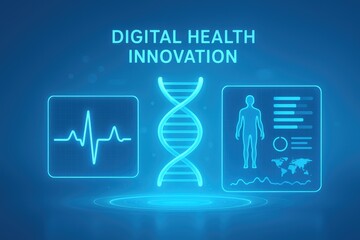 Digital health innovation with DNA, heartbeat, and human body data visualization healthcare technology