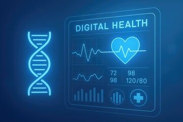 Digital health screen showing DNA, heartbeat, and vital signs with medical icons helix