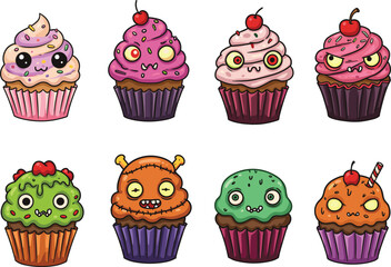 PrintFunny monster cupcakes vector set, cute creepy dessert characters, halloween cupcake illustration, spooky cartoon food, scary sweet treats, colorful frosting design
