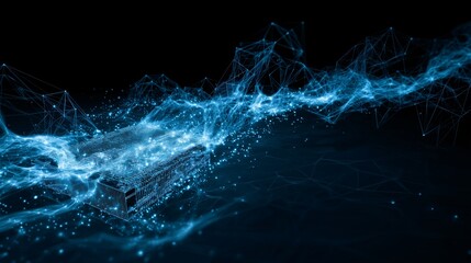 Digital technology abstracts flow through futuristic server with glowing blue network connections and data particles creating energetic and innovative atmosphere