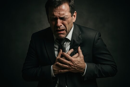 Middle-aged man experiencing cardiac symptoms clutching chest area showing heart attack warning signs