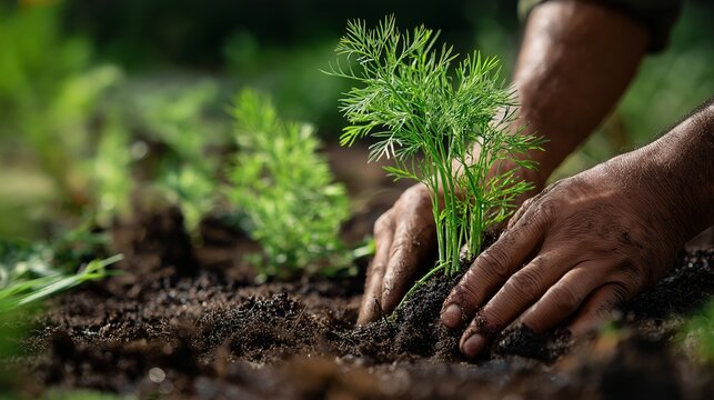 Planting hands soil green finance business growth concept, closeup of adult person nurturing young plant in outdoor garden, symbolizing sustainable investment and environmental responsibility